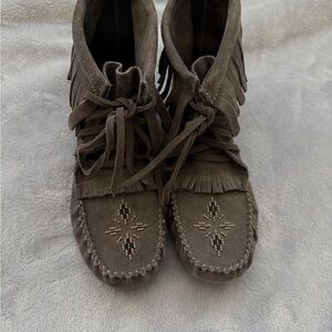 Gray Moccasin Ankle Booties with Fringe, Beadwork & Lace-Up Design